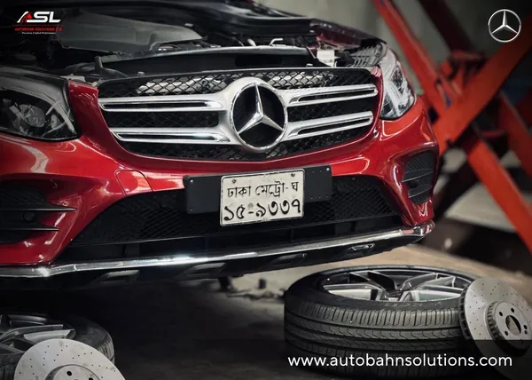 Mercedes-Benz GLC on a lift for brake service at Autobahn Solutions, Dhaka