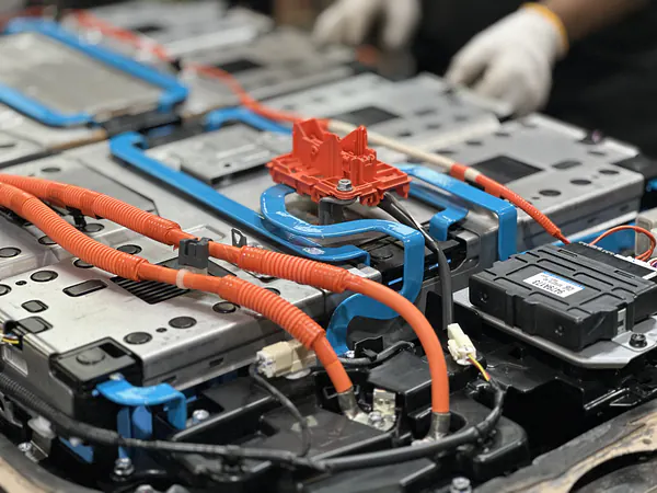 Close-up of a hybrid battery pack showing high-voltage cabling and control module